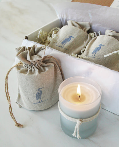 candles in linen bag, heron candle, trio gift set, winter candle, summer candle, spring candle, nautical candle