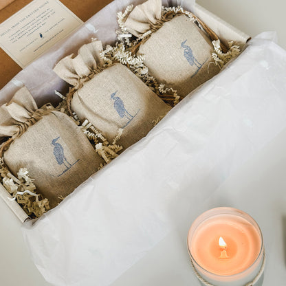 Mini trio packaging, luxury package, candles wrapped in burlap bag, heron logo, great gift set, ready to ship, scented candles of the easter shore