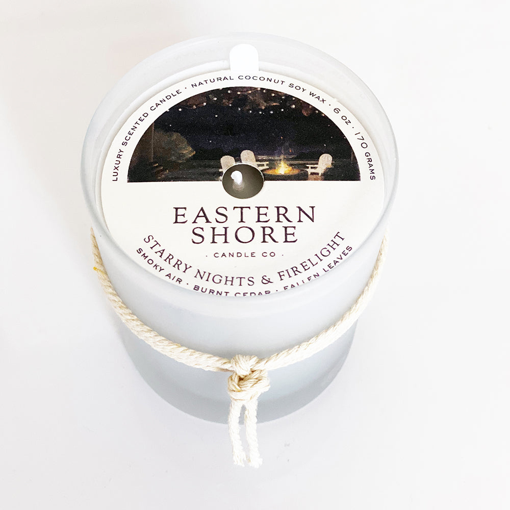 Starry Nights and Firelight, smoky air, burnt cedar, fallen leaves, fall candle, campfire, campfire scent, smoky wood candle, smoky wood scent, Scented candle, coconut soy wax, coastal candle, eastern shore, Chesapeake Bay, luxury candle, hand-poured, Maryland, Virginia