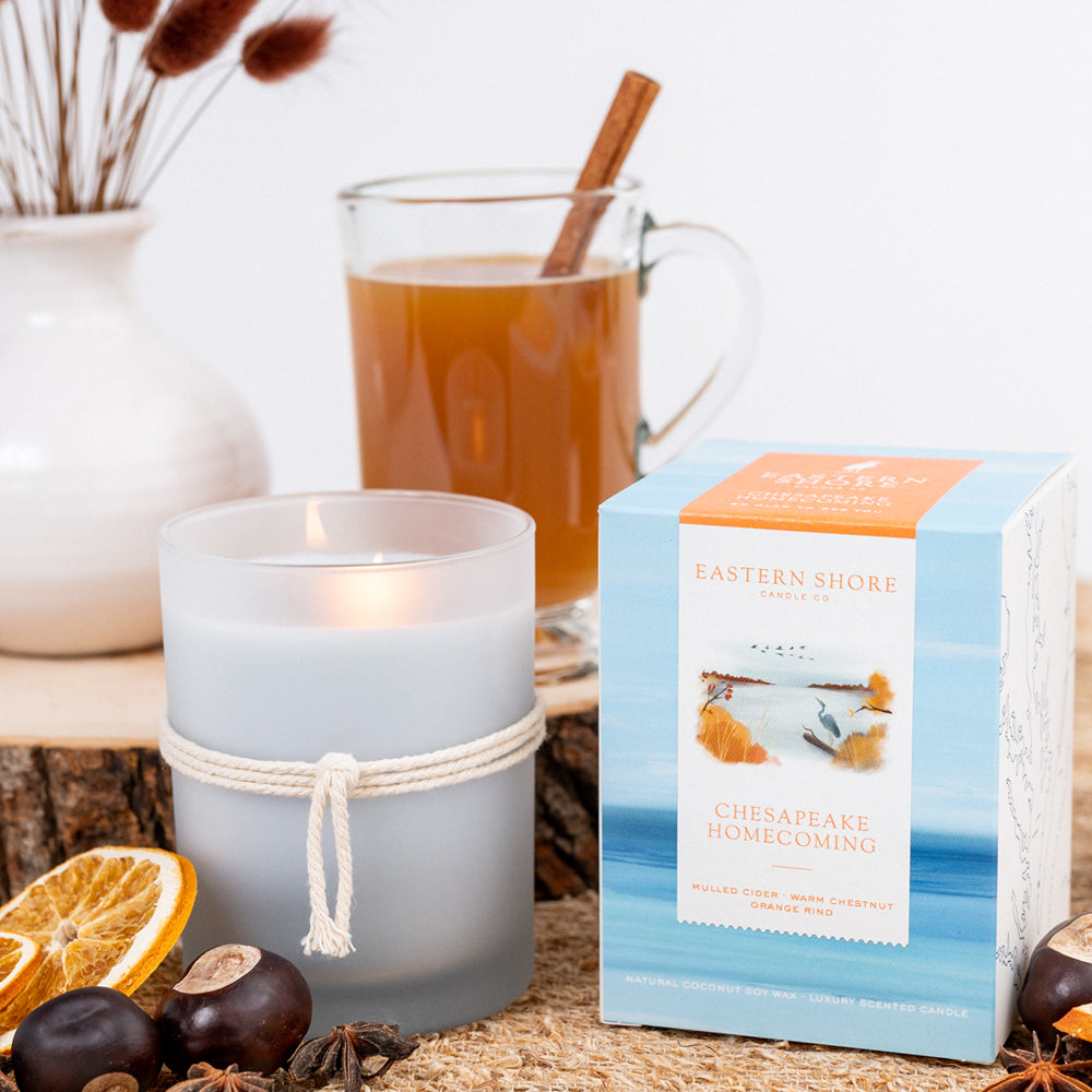 Chesapeake Homecoming, mulled cider, warm chestnuts, sweet orange, clove scent, fall candle, fall candle scent, mulled spices, autumn candle, Scented candle, coconut soy wax, coastal candle, eastern shore, Chesapeake Bay, luxury candle, hand-poured, Maryland, Virginia