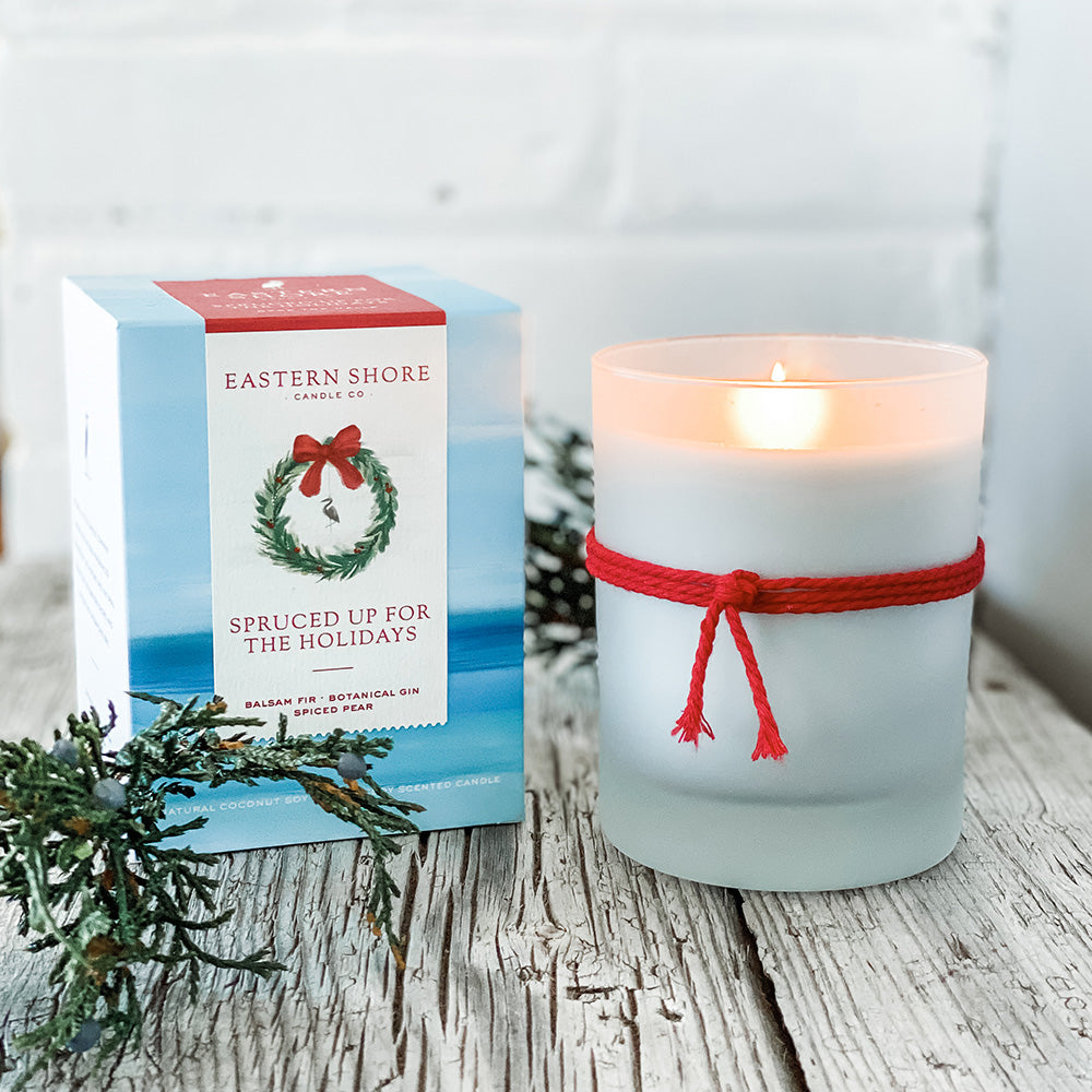 Spruced up for the holidays, holiday scented candle, holiday candle, Christmas candle, Christmas scent, balsam fir, botanical gin, spiced pear, blue spruce scent, Fraser fir scent, Scented candle, coconut soy wax, coastal candle, eastern shore, Chesapeake Bay, luxury candle, hand-poured, Maryland, Virginia