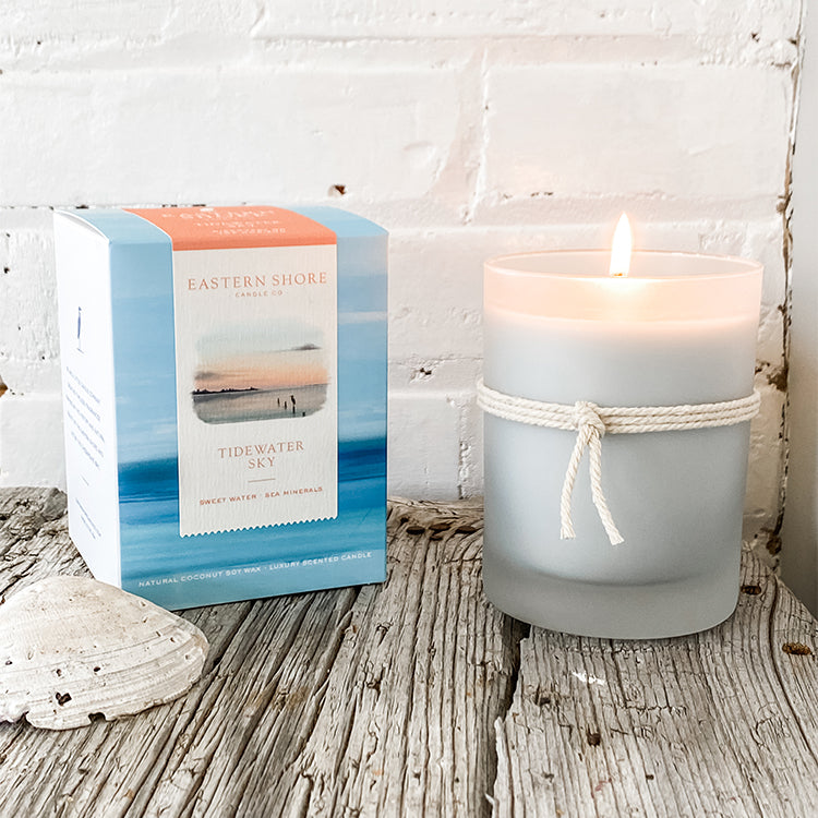 Tidewater Sky, Tidewater, dewy air, sea salt, cedar wood scent, on the dock, waterview, ozone scent, watery scent, Scented candle, coconut soy wax, coastal candle, eastern shore, Chesapeake Bay, luxury candle, hand-poured, Maryland, Virginia