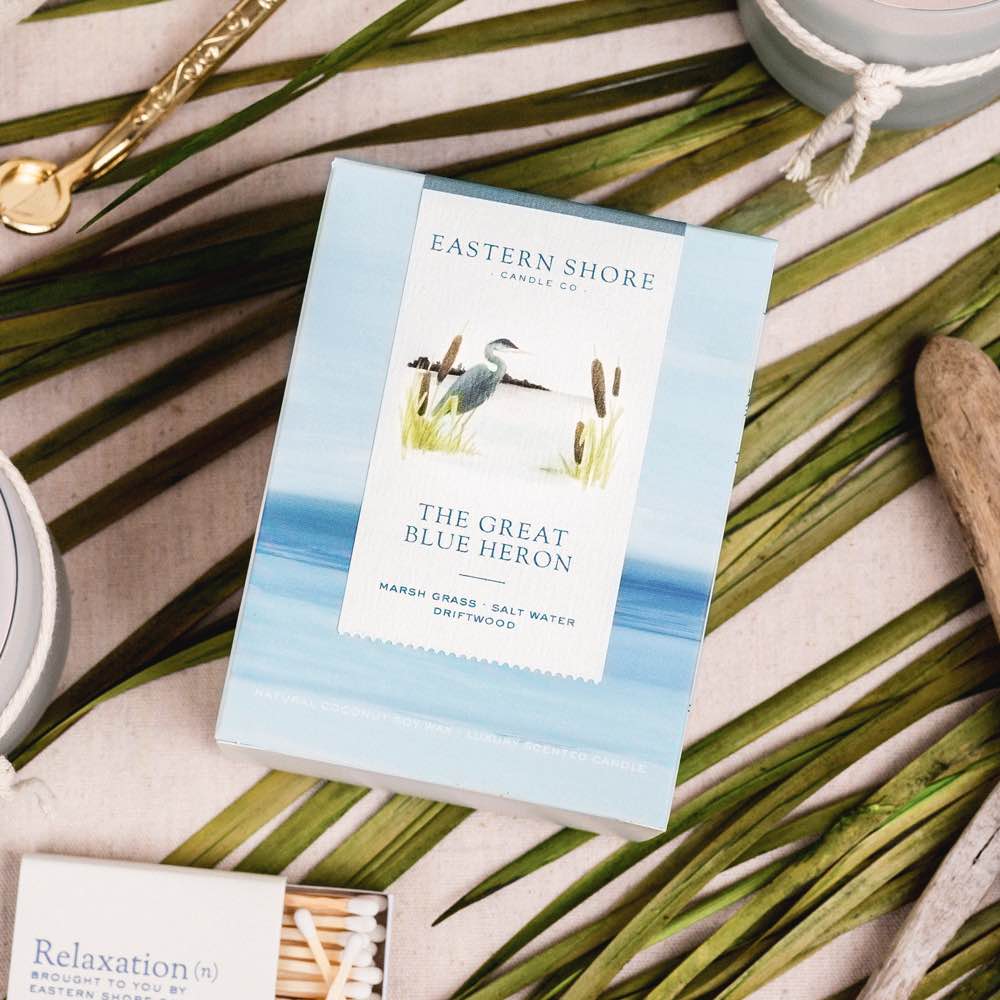 The Great Blue Heron, Marsh Grass, Salt Water, Driftwood, driftwood scent,  salt air candle, blue heron, blue heron candle, Scented candle, coconut soy wax, coastal candle, eastern shore, Chesapeake Bay, luxury candle, hand-poured, Maryland, Virginia