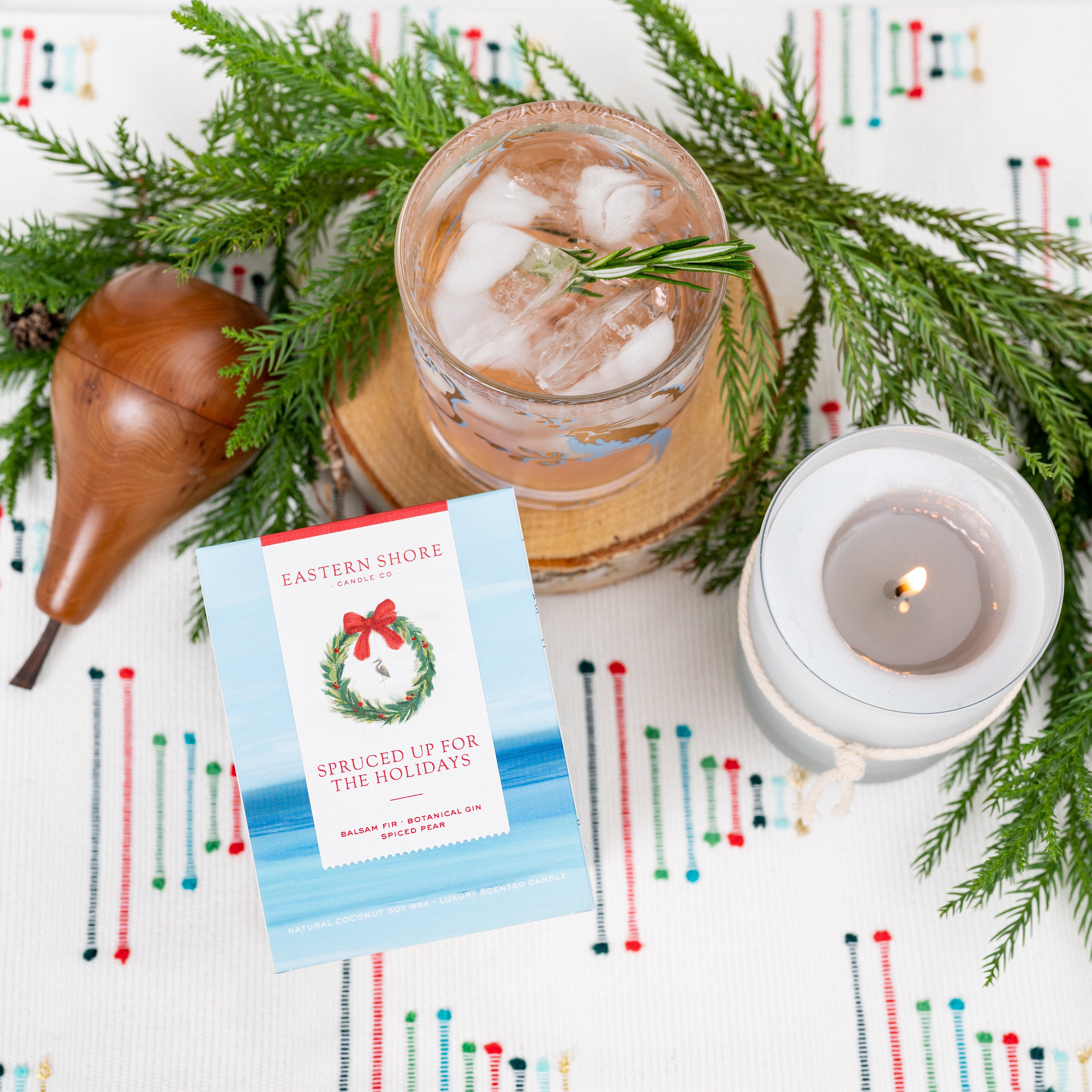 Spruced up for the holidays, holiday scented candle, holiday candle, Christmas candle, Christmas scent, balsam fir, botanical gin, spiced pear, blue spruce scent, Fraser fir scent, Scented candle, coconut soy wax, coastal candle, eastern shore, Chesapeake Bay, luxury candle, hand-poured, Maryland, Virginia