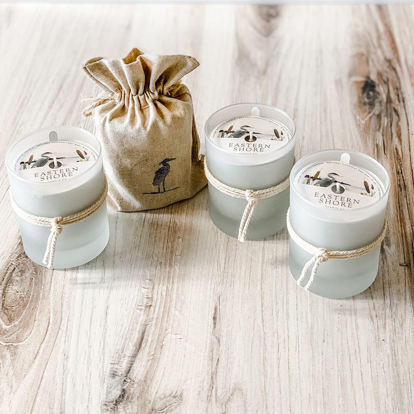 Mini trio candle set, three scented candles, 6oz candles, handmade and hand poured candles, coconut soy scented candles, frosted glass, hand tied bow, heron.