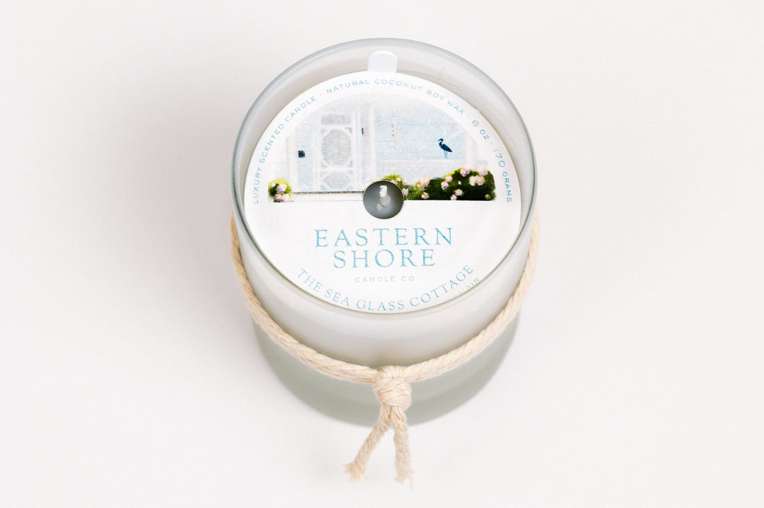 The Sea Glass Cottage, cottage garden scent, seaside garden, geranium, jasmine, gardenia, roses, lily, magnolia, peony, seaside air, sea breeze, Scented candle, coconut soy wax, coastal candle, eastern shore, Chesapeake Bay, luxury candle, hand-poured, Maryland, Virginia