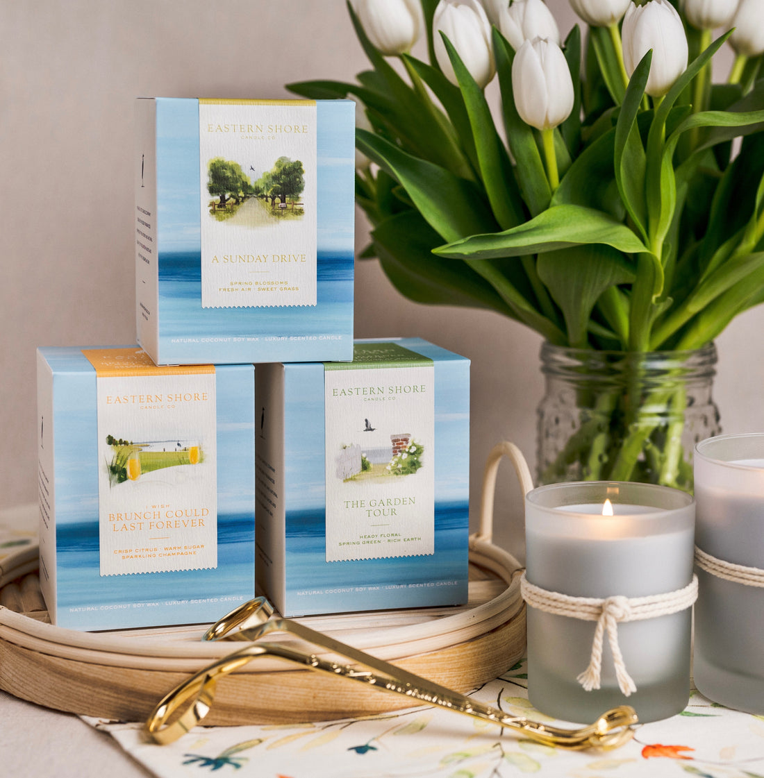 Spring candle set, spring candle gifts, jasmine, magnolia, honeysuckle, citrus, champagne, spring blossoms, sea air, sweet grass, garden scent, Scented candle, coconut soy wax, coastal candle, eastern shore, Chesapeake Bay, luxury candle, hand-poured, Maryland, Virginia